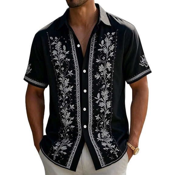 OIOLOYJM Western Shirts for Men Short Sleeve Embroidered Floral Cowboy Shirts Casual Work Button Down Regular Fit Blouses Black L