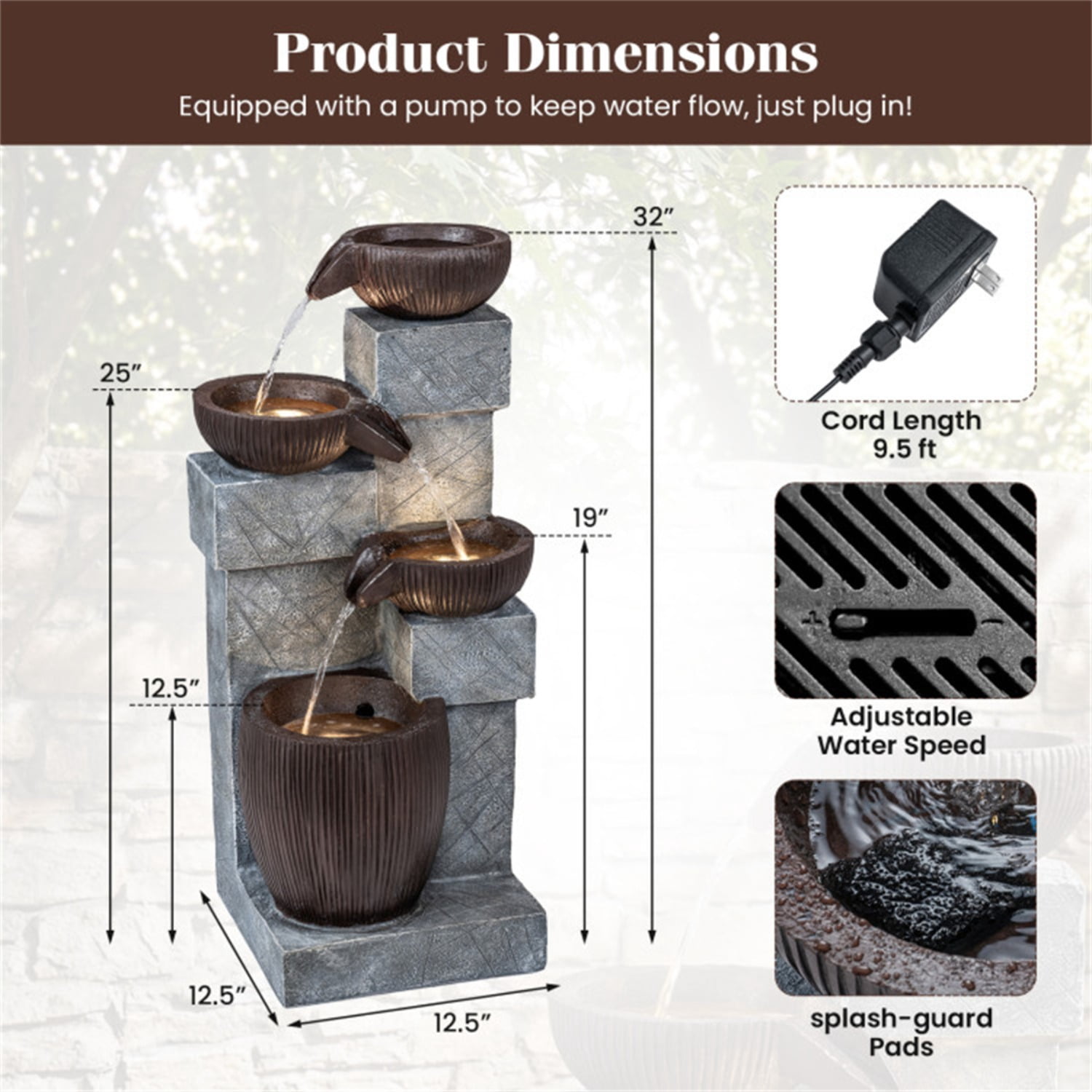 4-Tier Waterfall Fountain with LED Lights, Resin Fiberglass Outdoor Fountain with Adjustable Flow for Garden Patio
