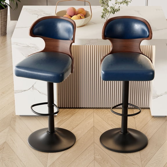 Bar Stools Set of 2, Navy Blue Faux Leather Adjustable Height Stools with Solid Wood Backrest, 360 Degree Swivel, 300 lbs Capacity for Kitchen Island Home Bar