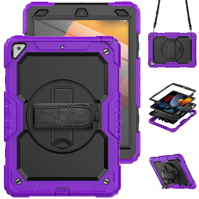 Case for iPad Air 3rd Generation 2019/iPad Pro 10.5 Inch 2017 with Screen Protector, 360 Degree Rotating Kickstand Hand Strap Heavy Duty Shockproof Cover with Shoulder Strap, Purple