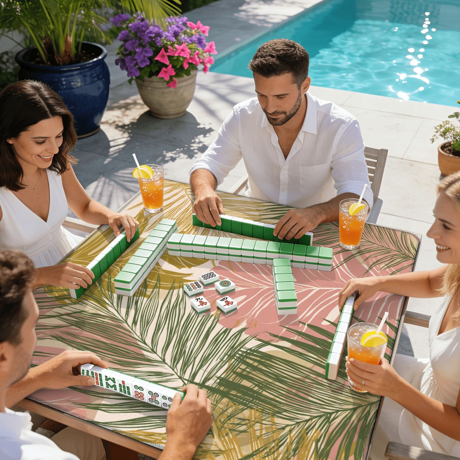 Mahjong Mat 31.5" x 31.5" Nature seamless Hand drawn abstract tropical summer Non-Slip Noise Reduction American Mahjong Tiles Table Cover for Dominoes Poker Card Board Games Gift