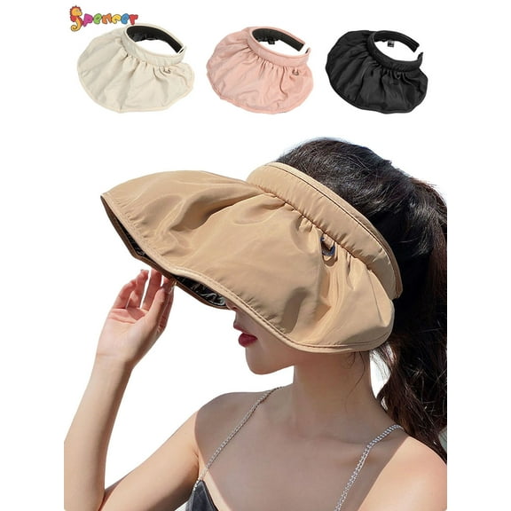 Spencer Women's 2 in 1 Sun Visor Hats Headbands Wide Brim Summer Anti-UV Protection Beach Cap Packable Shell Hat (Khaki)