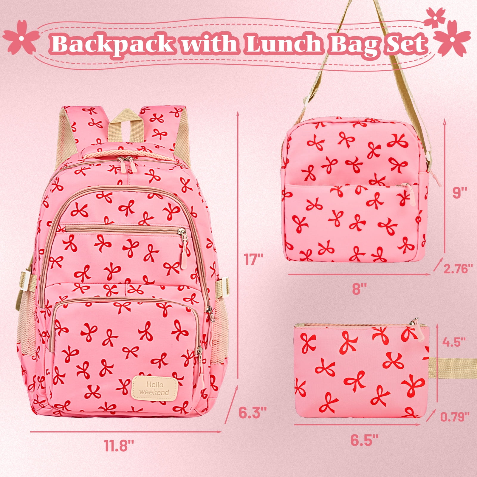 Dakimoe School Backpack Set with Cute Bow, Lightweight Bookbag - Rose Red, Perfect for Elementary & Middle School  Ages 4-12