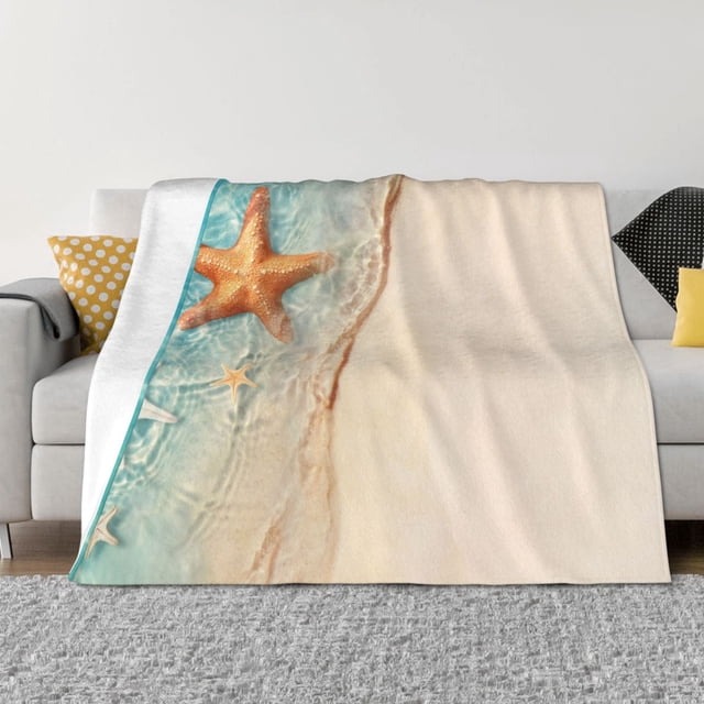 Fotbe Starfish On The Sand Beach Manta de Franela con Estampado, Manta Ultrasuave para Cama, Sofá, Auto, Hipoalergénica y Antibolitas-80"x60"