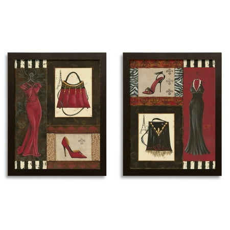 - Fashion Collage; Purse, Shoe, & Dress Retro Prints; Two 11x14 Brown Framed Prints. Red/Black/Brown