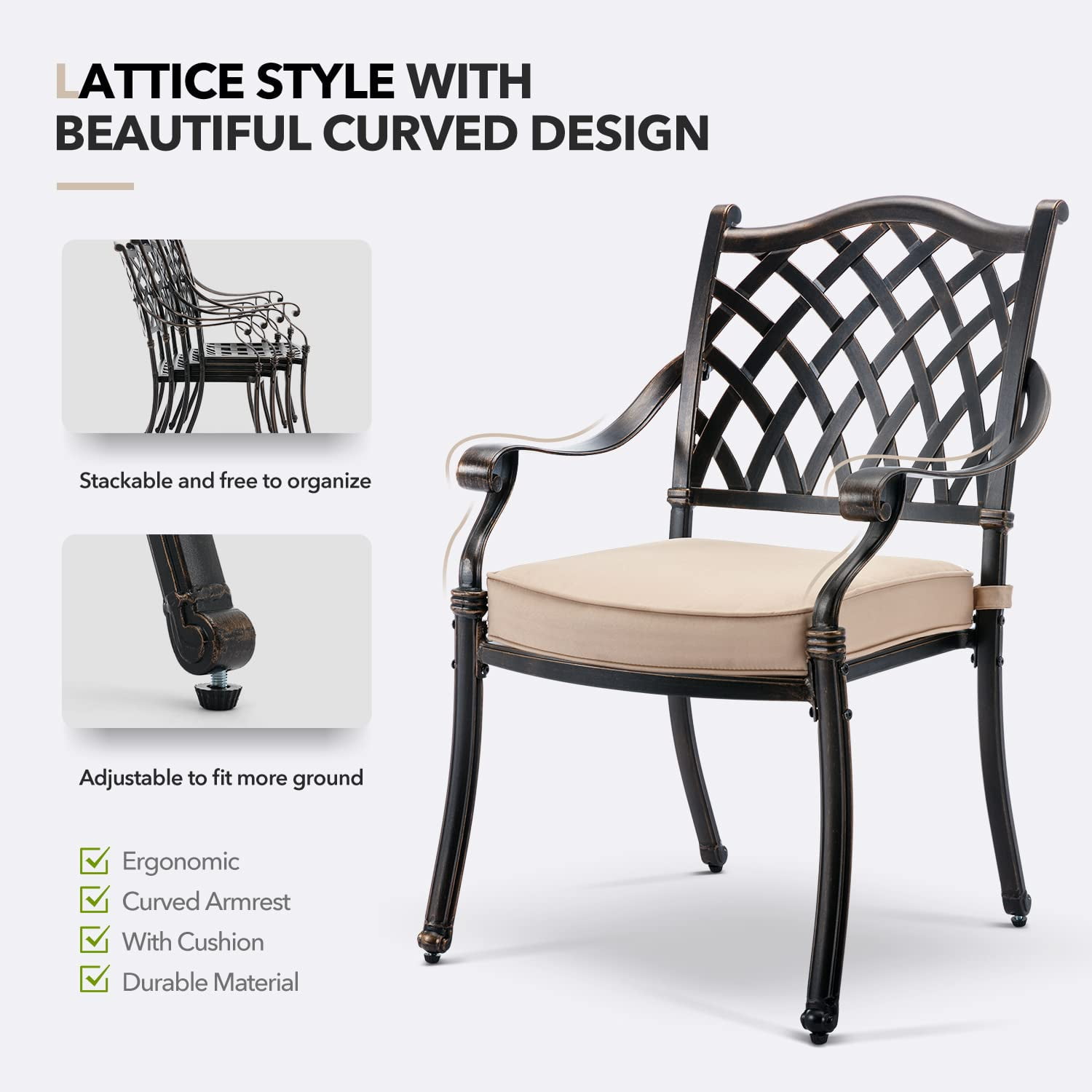 Lattice Outdoor Cast Aluminum Patio Dining 2 Chairs, Weather Resistant with Thicker Cushions for Patio, Deck, Garden