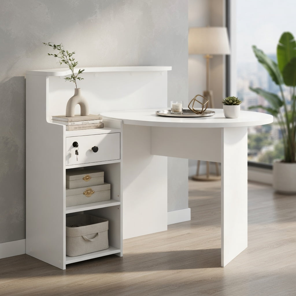 Demi Bonn Front Reception Office Desk with Open Shelf and Lockable Drawer, Small Home Computer Desk Study Writing Table, White