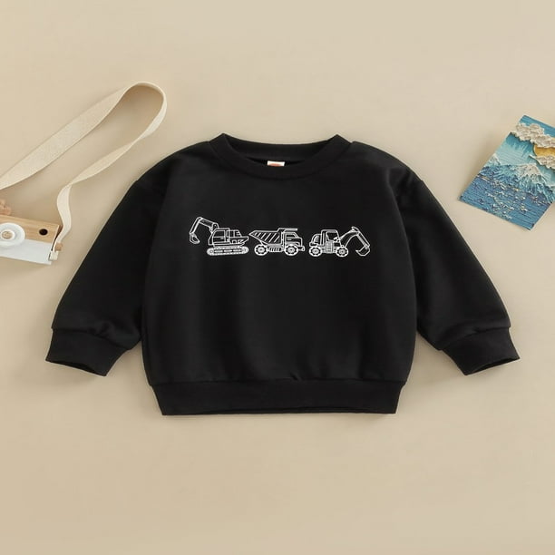 EIMELI Toddler Baby Boys Black Sweatshirt Excavator Print Casual Crewneck Long Sleeve Pullover Top Fall Clothes