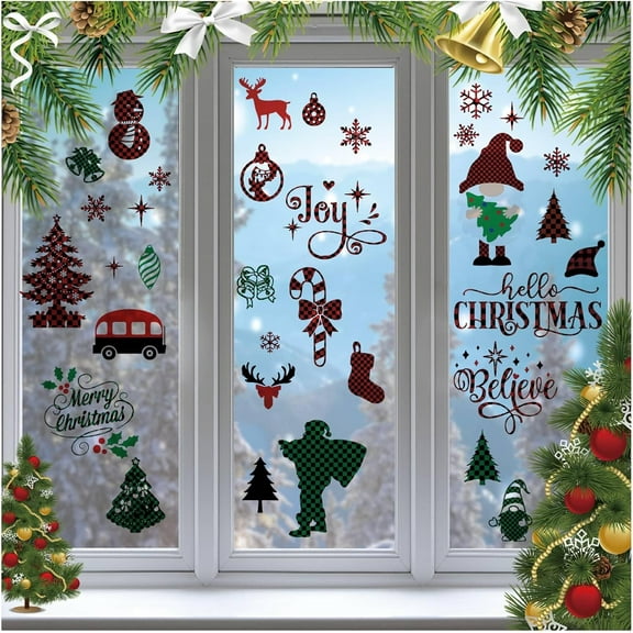 8 Sheets Christmas Wall Stickers Santa Snowflakes Christmas Tree Red Green Window Clings Peel and Stick PVC Waterproof Self Adhesive Wall Decals Stickers for Home Living Room Showcase Party for diy