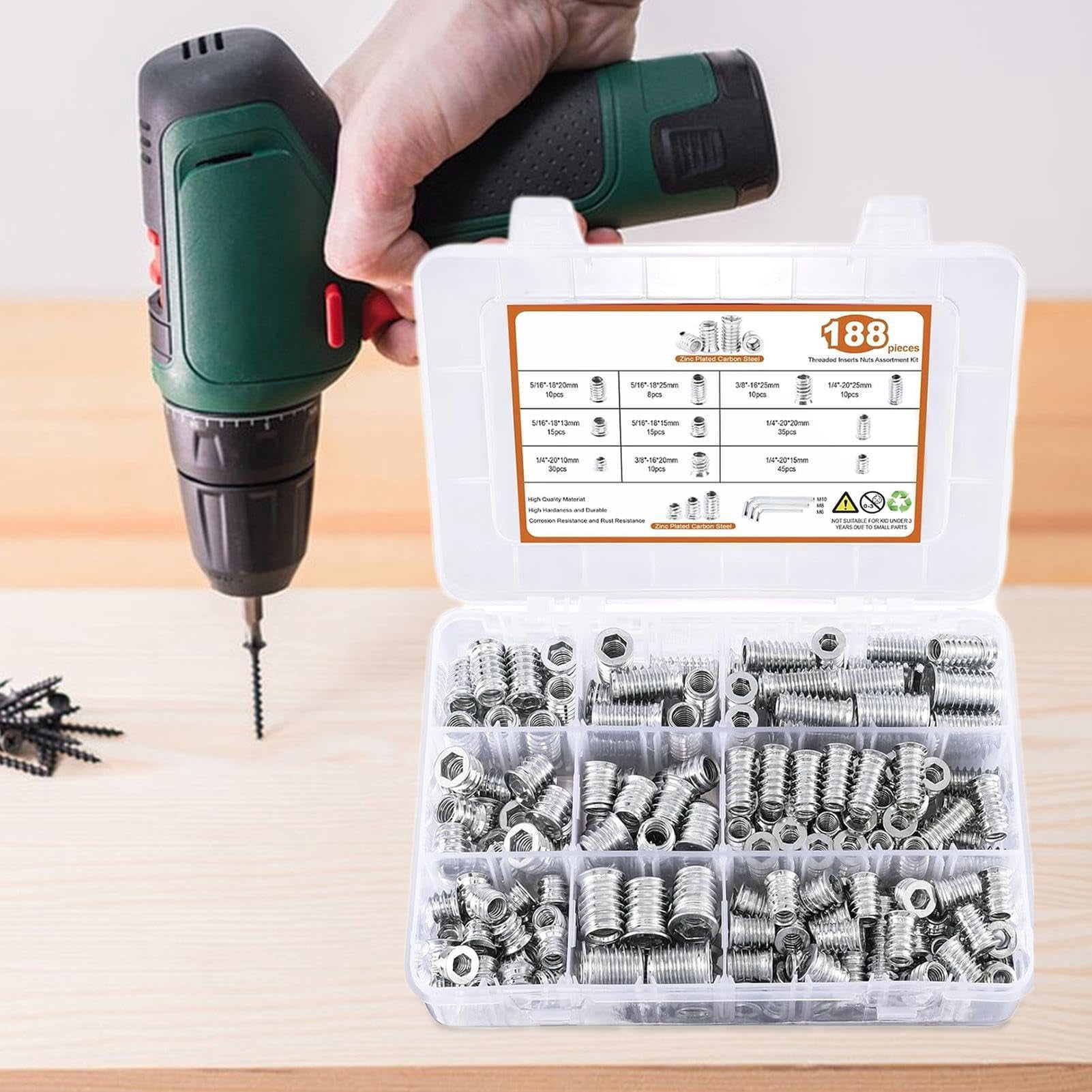 Wood Threaded Insert Socket Fastener Set Hex Wrench Spanner for Furniture Woodworking Craft (A)