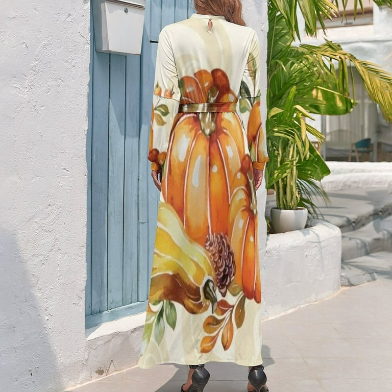 Fall Wreath Autumn Thanksgiving Pumpkins Women's Long Dress Long Sleeves  Dress Vintage Dresses Party Maxi Dress High Waist Dress - Walmart.com