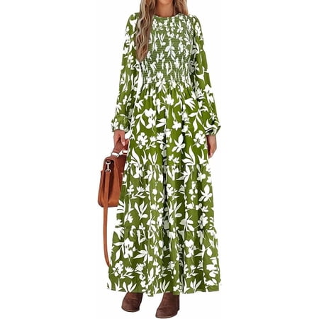 PRETTYGARDEN Women's Fall Dresses Long Sleeve Flowy Casual Floral Maxi Dress Crew Neck Smocked Tiered Long Dress