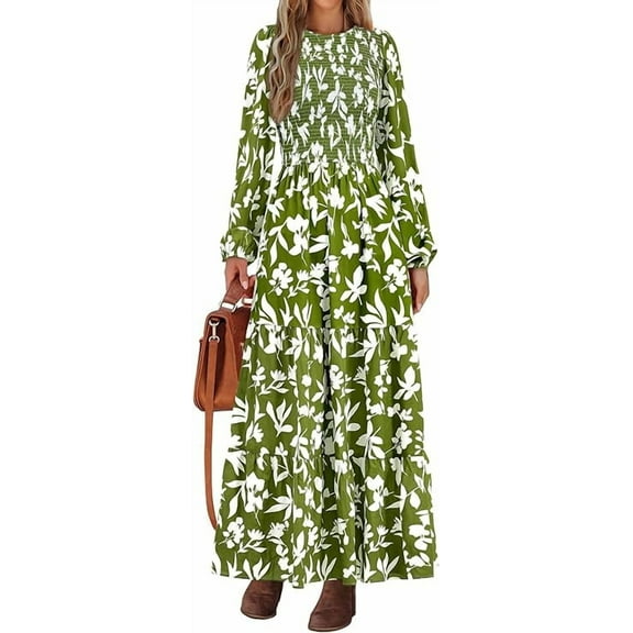 PRETTYGARDEN Women's Fall Dresses Long Sleeve Flowy Casual Floral Maxi Dress Crew Neck Smocked Tiered Long Dress