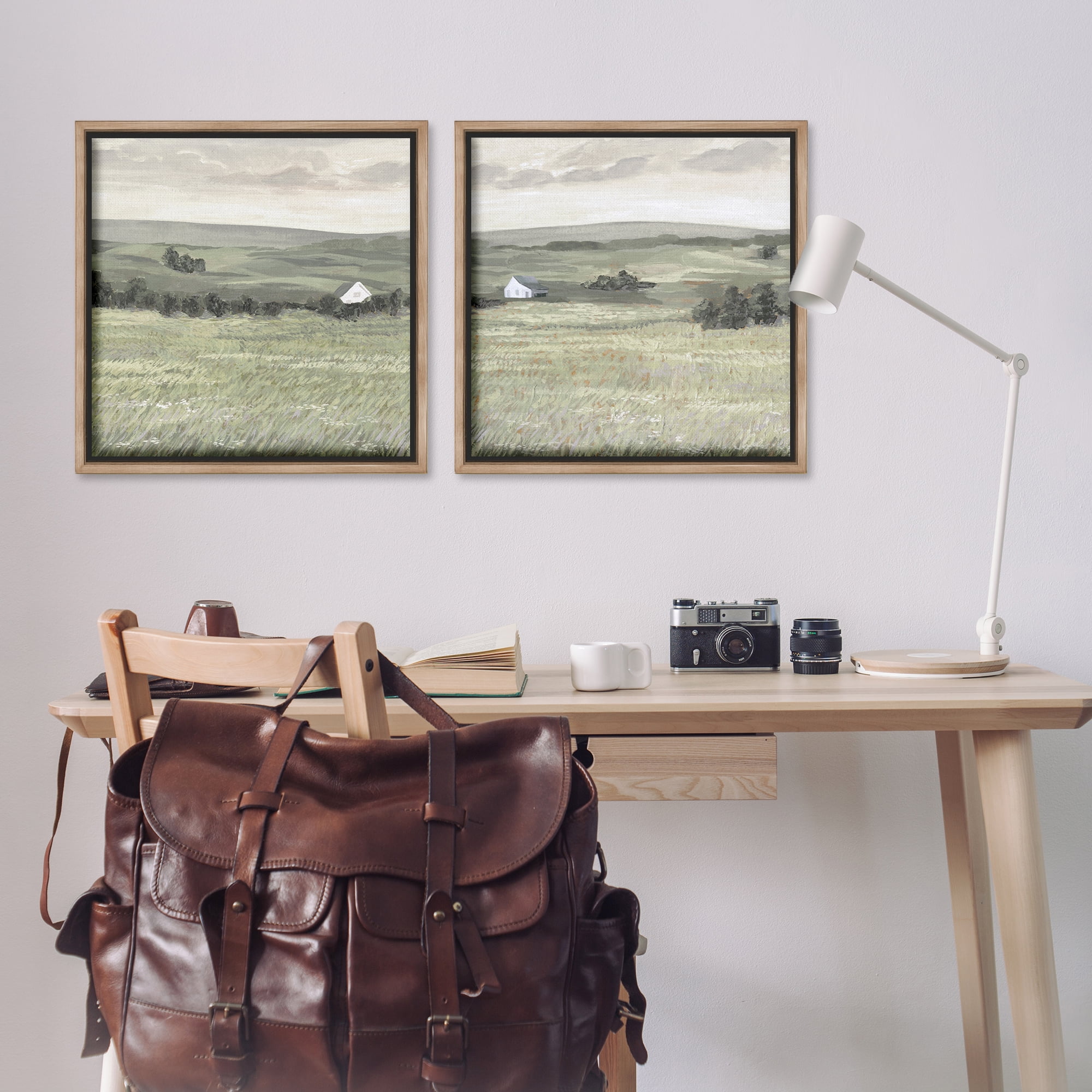 Stupell Industries Traditional Distant Farmhouse Field Landscape & Nature Painting Brown Floater Framed Canvas Art Print Wall Art, 25 x 25, Set of 2