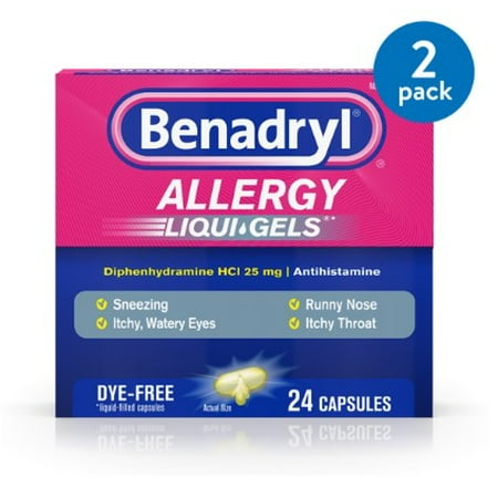 (2 Pack) Benadryl Liqui-Gels Antihistamine Allergy Medicine, Dye Free, 24 (Best Allergy Medicine For Throat)