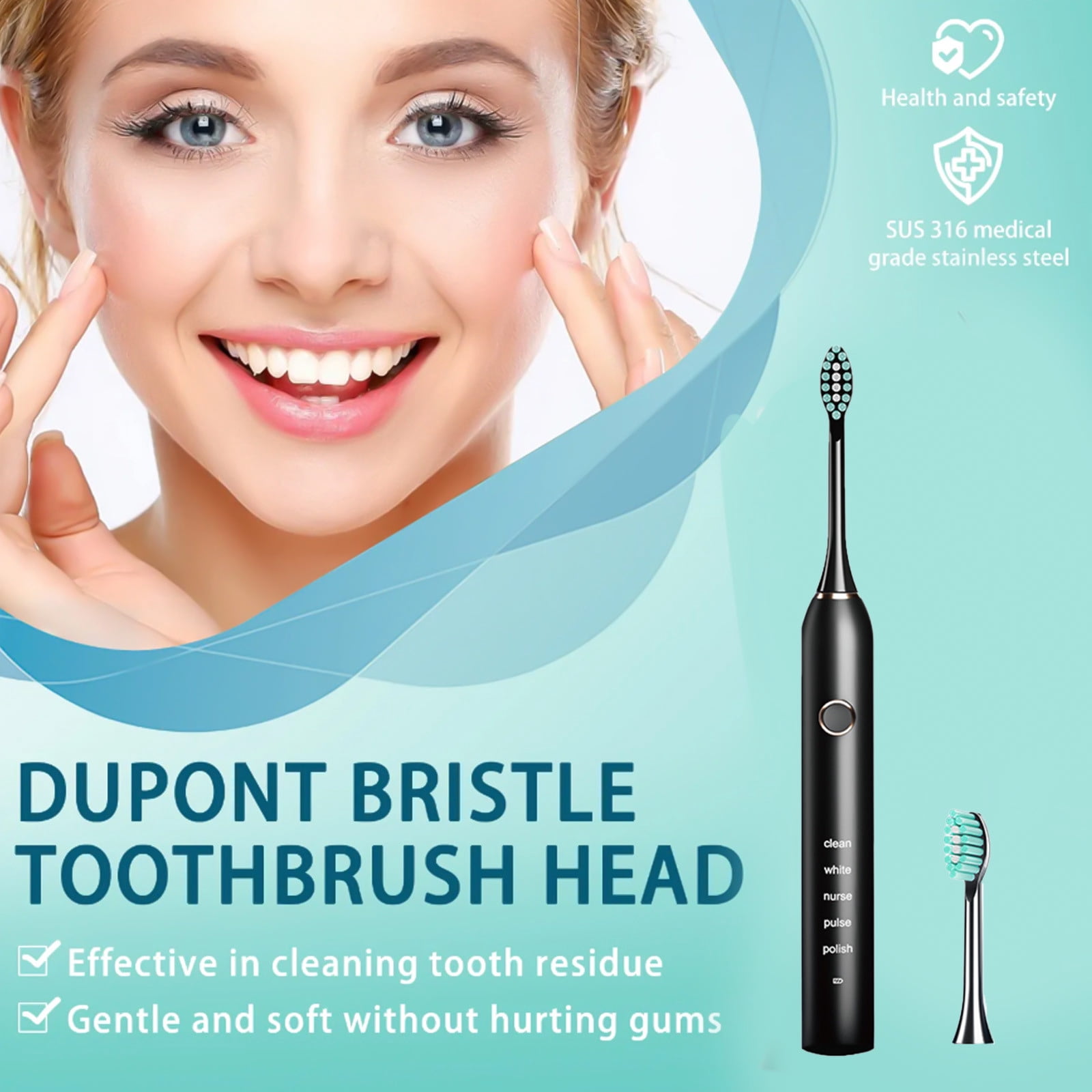 Wovilon USB Charging Toothbrush, Toothbrush With 2 Brush Heads, Smart 5-ModesTimer Toothbrush IPX7