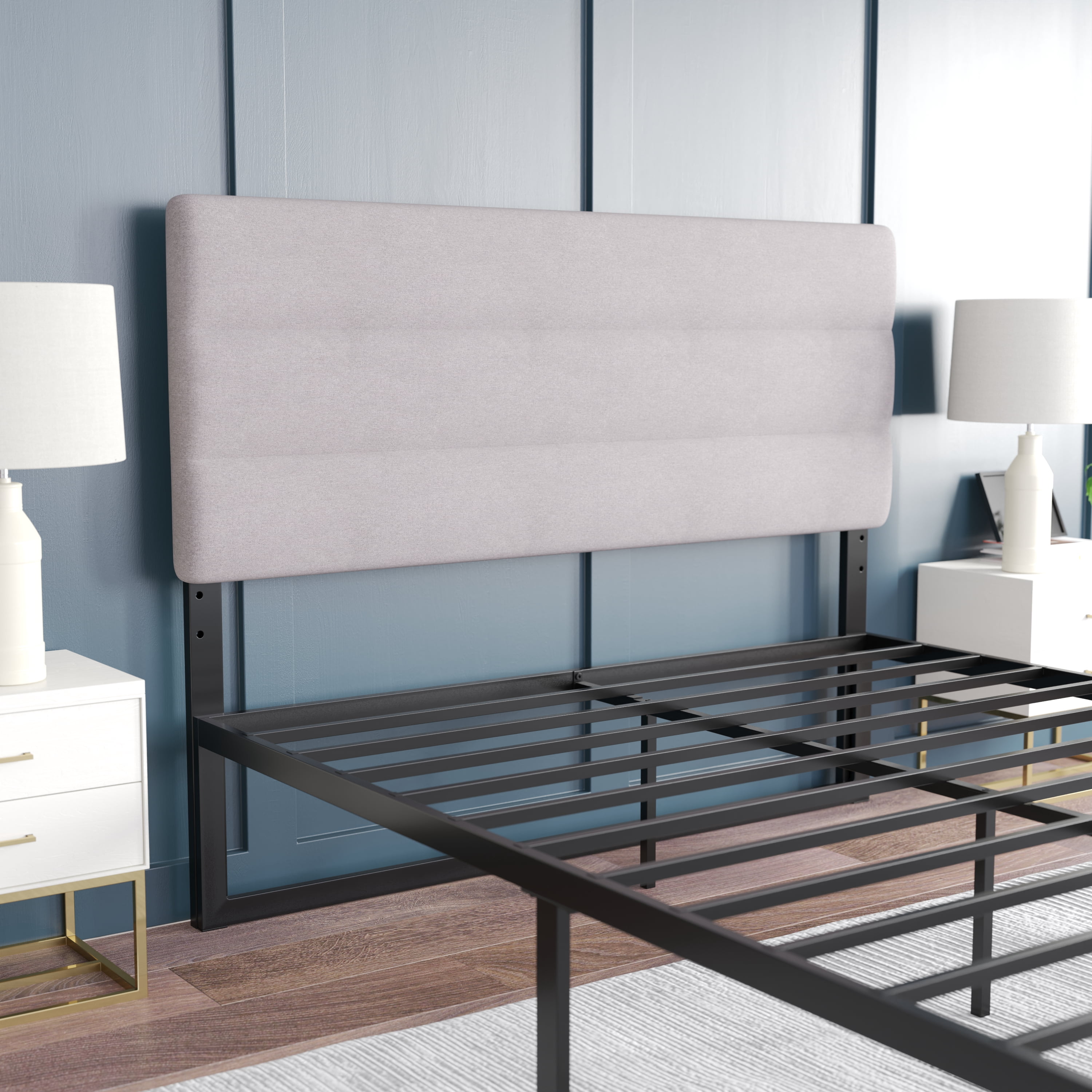 Emma + Oliver Modern Gray Fabric Upholstered Queen Headboard with Horizontal Line Stitching and Adjustable Height Rail Slots