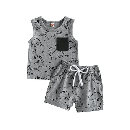 

Bagilaanoe 2pcs Toddler Baby Boys Short Pants Set Dinosaur Print Sleeveless Tank Tops + Shorts 6M 12M 18M 24M 3T Kids Casual Summer Outfits