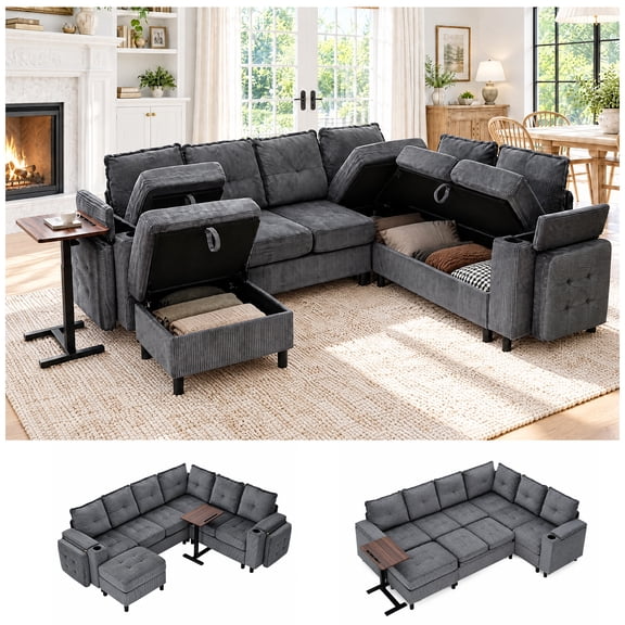 Amsleekey 108" Modular Sectional Sleeper Sofa, 7-Seat Grey Corduroy Couch with Pull-Out Bed, Lift Side Table and Storage
