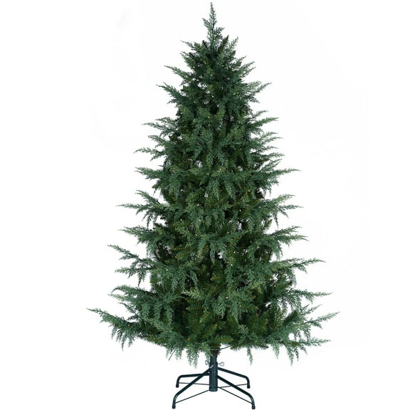 6FT Prelit Cedar Christmas Tree, 1718 Branch Tips, Realistic PVC PE Material, 300 LED Warm White Lights, Hinged Design, Real Feel Touch, Artificial Christmas Tree Christmas Décor for Home, Office