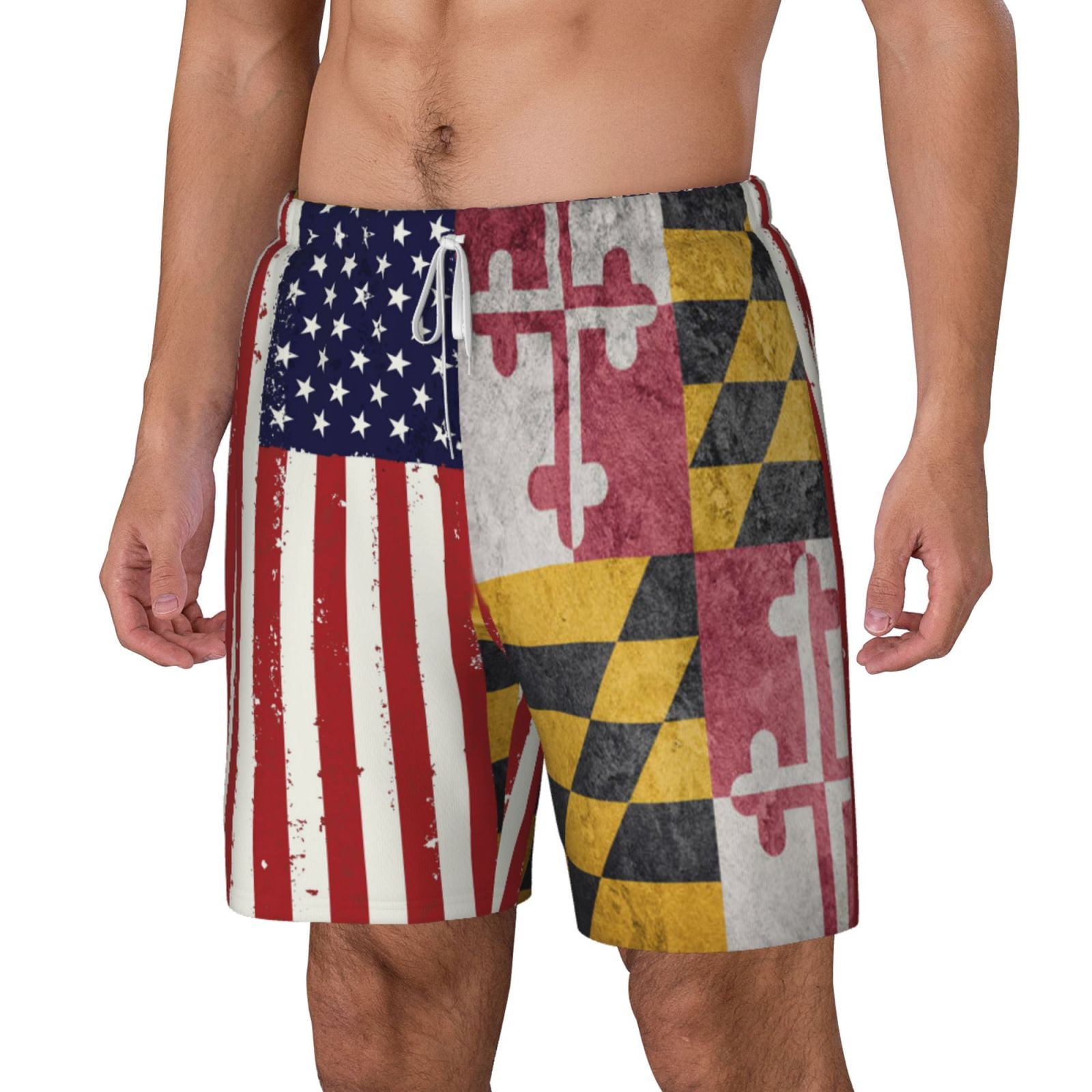 Men's Grunge America Maryland Flag Swim Trunks with Compression Liner Bathing Suit Swimwear