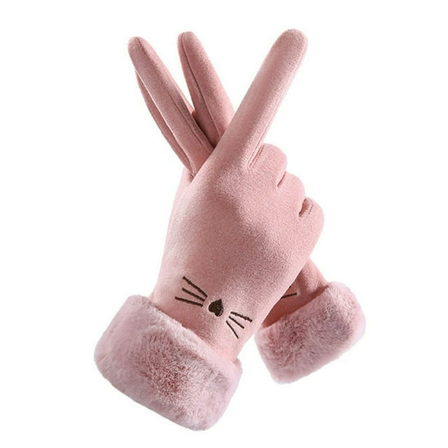 1 Pair Thickened Plush Lining Cartoon Pattern Windproof Driving Gloves Fluffy Cuffs Touch Screen Driving Gloves Hand Protect Cover