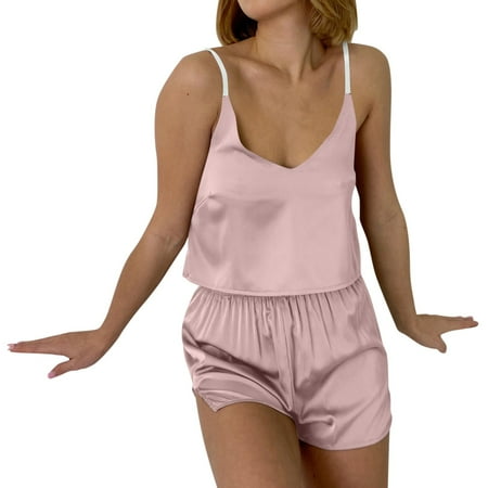 

Sebtyili Women Solid V Neck Pajamas Summer Thin Suspenders Open Navel Short Vest Shorts Set
