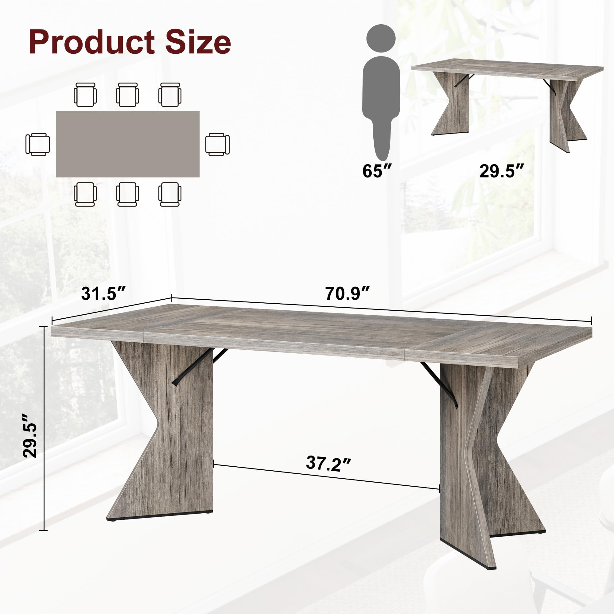 71 in Dining Table for 6-8, Farmhouse Rectangular Kitchen Table with V Leg & Sturdy Frame, Wooden Thickened Long Desk for Dining Room, Kitchen, Office, Gray
