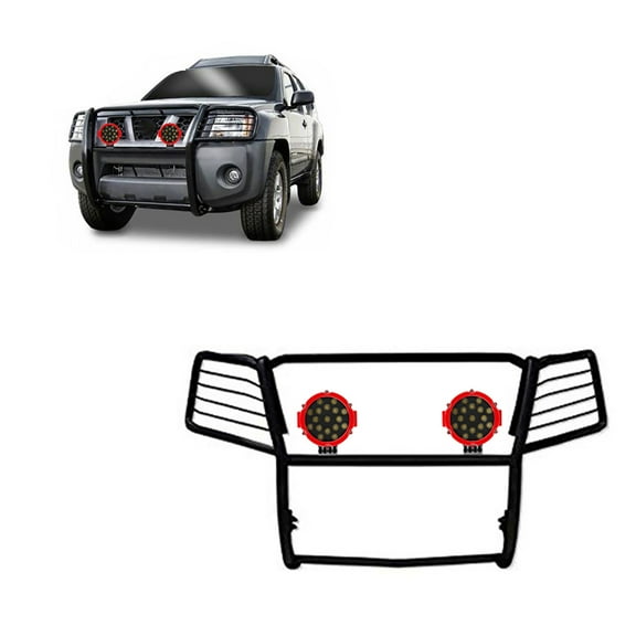 Black Horse Grille brush Bumper Guard Modular Black Come With pair of 7.0"Dia.LED Lights with Red Trim Rings Compatible with 2005-2015 Nissan Xterra-17A112100MA-PLR