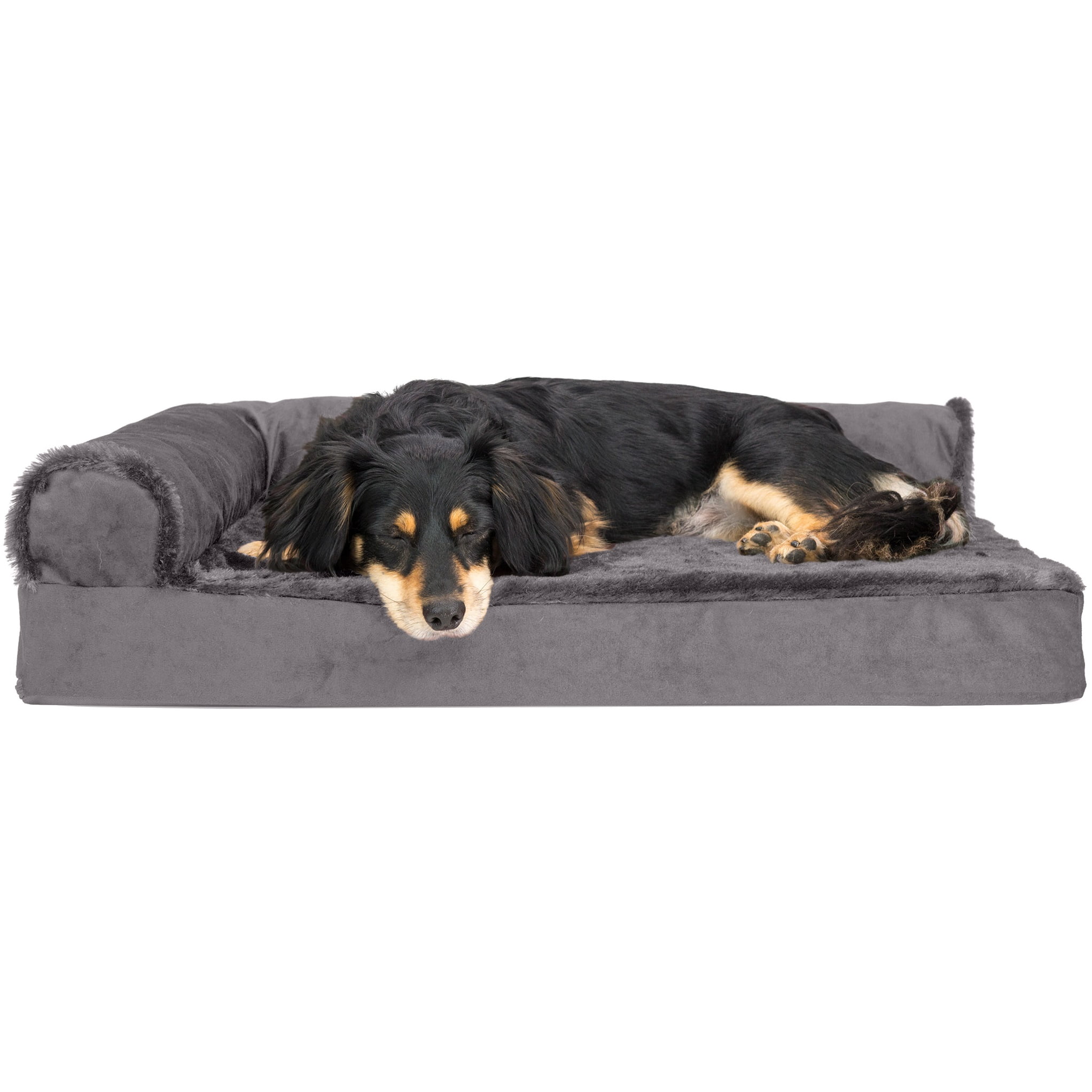 FurHaven Pet Dog Bed | Deluxe Orthopedic Plush & Velvet L-Shaped Chaise Couch Pet Bed for Dogs