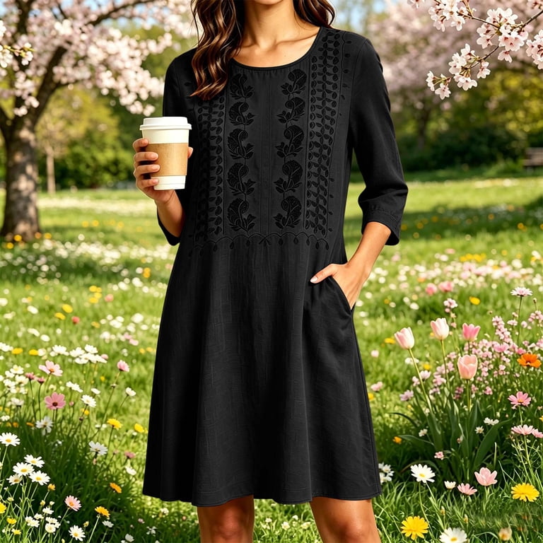 black boho tunic dress Hduncf Women's Linen Summer Vintage Embroidered 3/4 Sleeve V Neck Loose Flowy Mini Dresses with Pockets L Short dress in an attribute:trend:50s New Bridesmaid Color: Dusty Color:DAHLIA