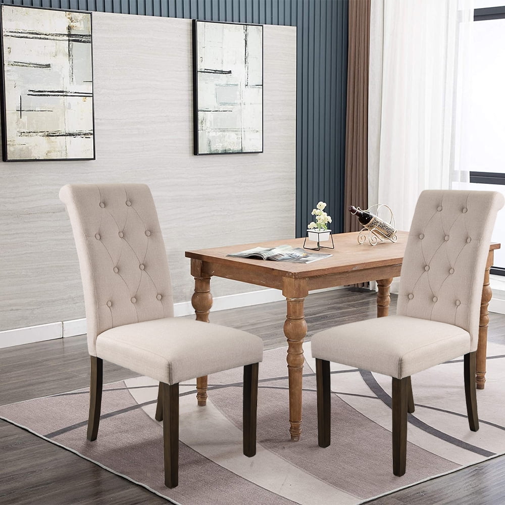 Clearance Tufted Linen Dining Chairs With High Back And Solid Wood Legs