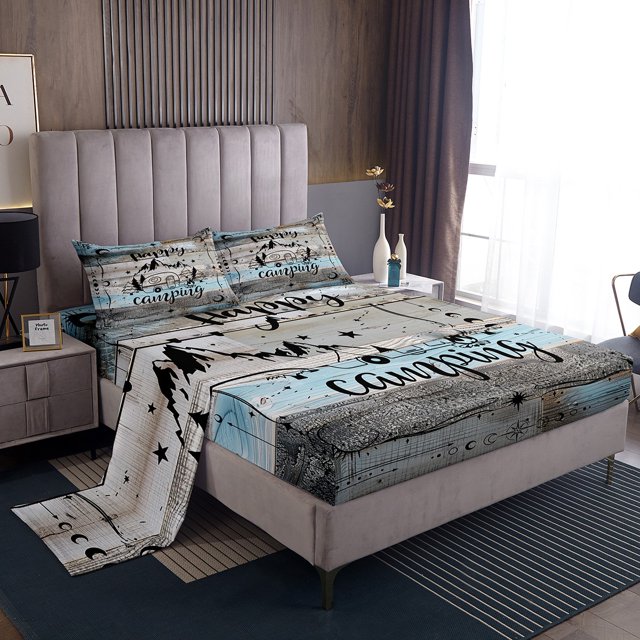 YST Rustic Camper Bed Sheets Full Happy Camping Bunk Sheet Set Boho Moon Stars Rv Camper Decor Bedding For Travel Trailers,Camping Car Accessories Fitted Sheet Blue Grey Flat Sheet 4 Pcs
