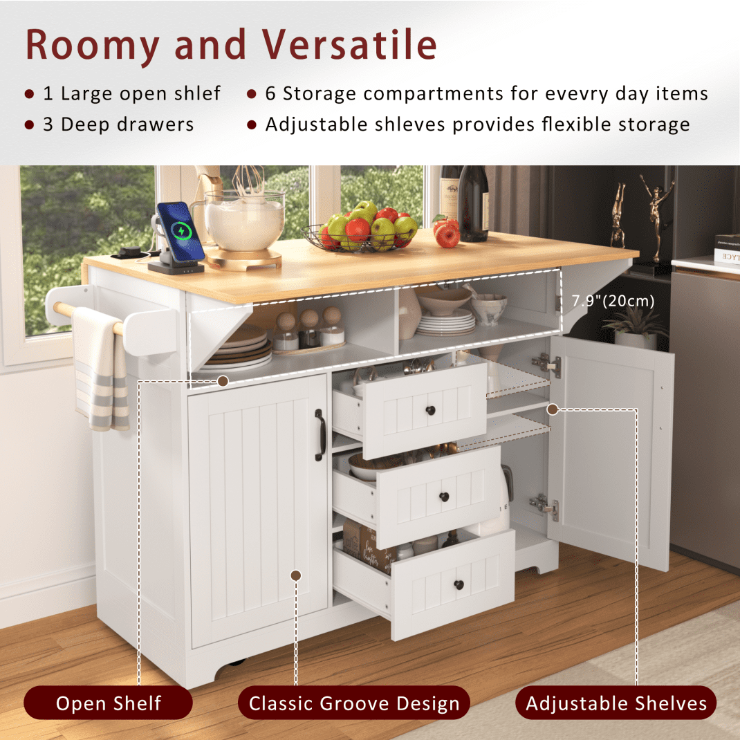 56" Large Kitchen Island with 2 Drop Leafs, Rolling Kitchen Cart on 5 Wheels W/Power Outlet & 3 Drawers, Folding Storage Dining Table W/Spice & Towel Racks, for Kitchen, Dining Room, White