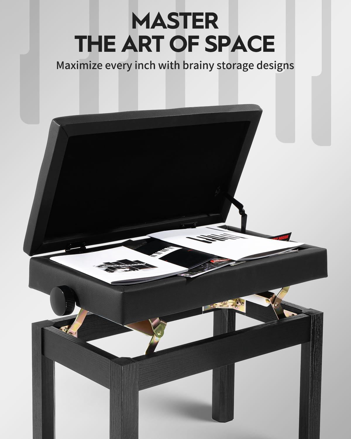 Adjustable Piano Bench With Storage  Wooden Keyboard Bookcase Stool Chair Seat High-density Sponges Cushion For Shop Music School Studio Black Spb-20