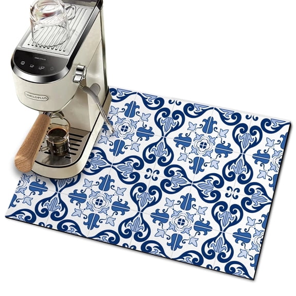Dish Drying Mat for Kitchen Counter Accessories Absorbent Coffee Mat,19"x12" Coffee Bar Mat,Blue And White Retro Boho Tile Pattern Coffee Maker Mat,Hide Stain Easy Clean Espresso Machine Mat