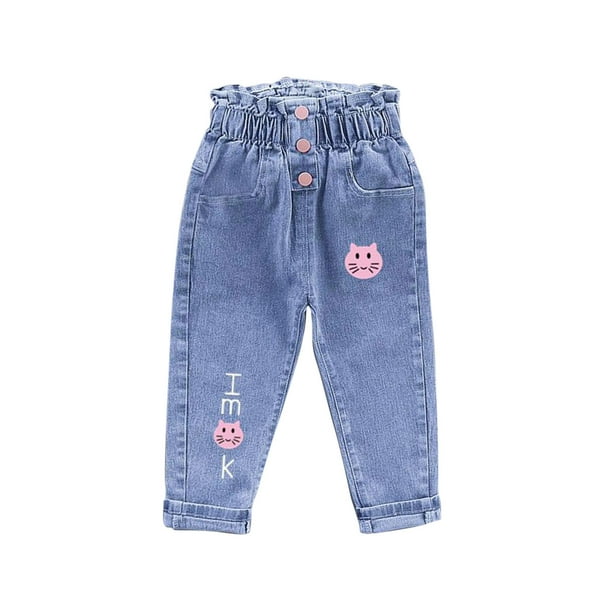 Odeerbi 2-6 Años Niñas Pantalón Vaquero Estampado Con Cintura Elástica Pantalón Vaquero Con Bolsillo