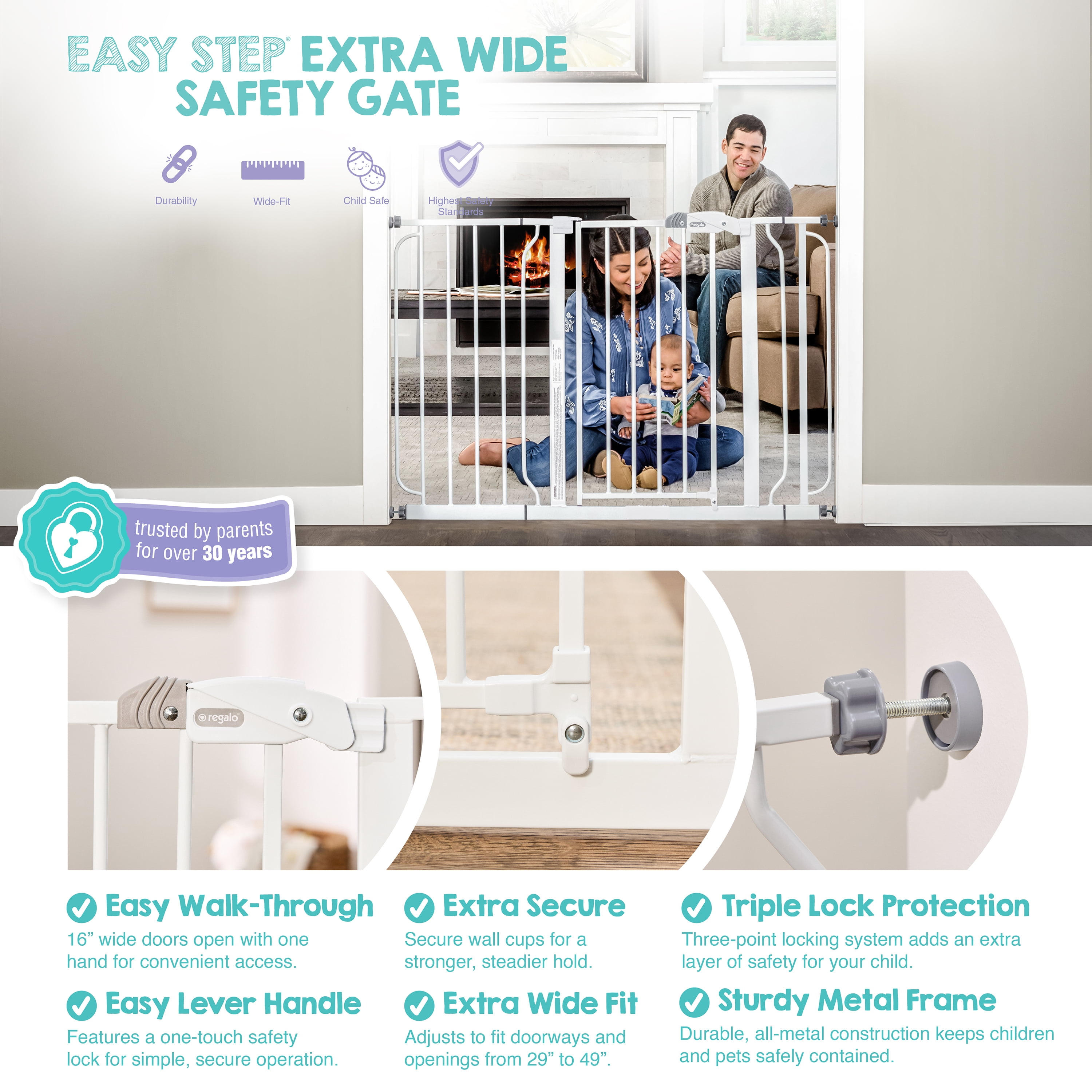 Regalo Easy Step 49-Inch Extra Wide Baby Safety Gate, White