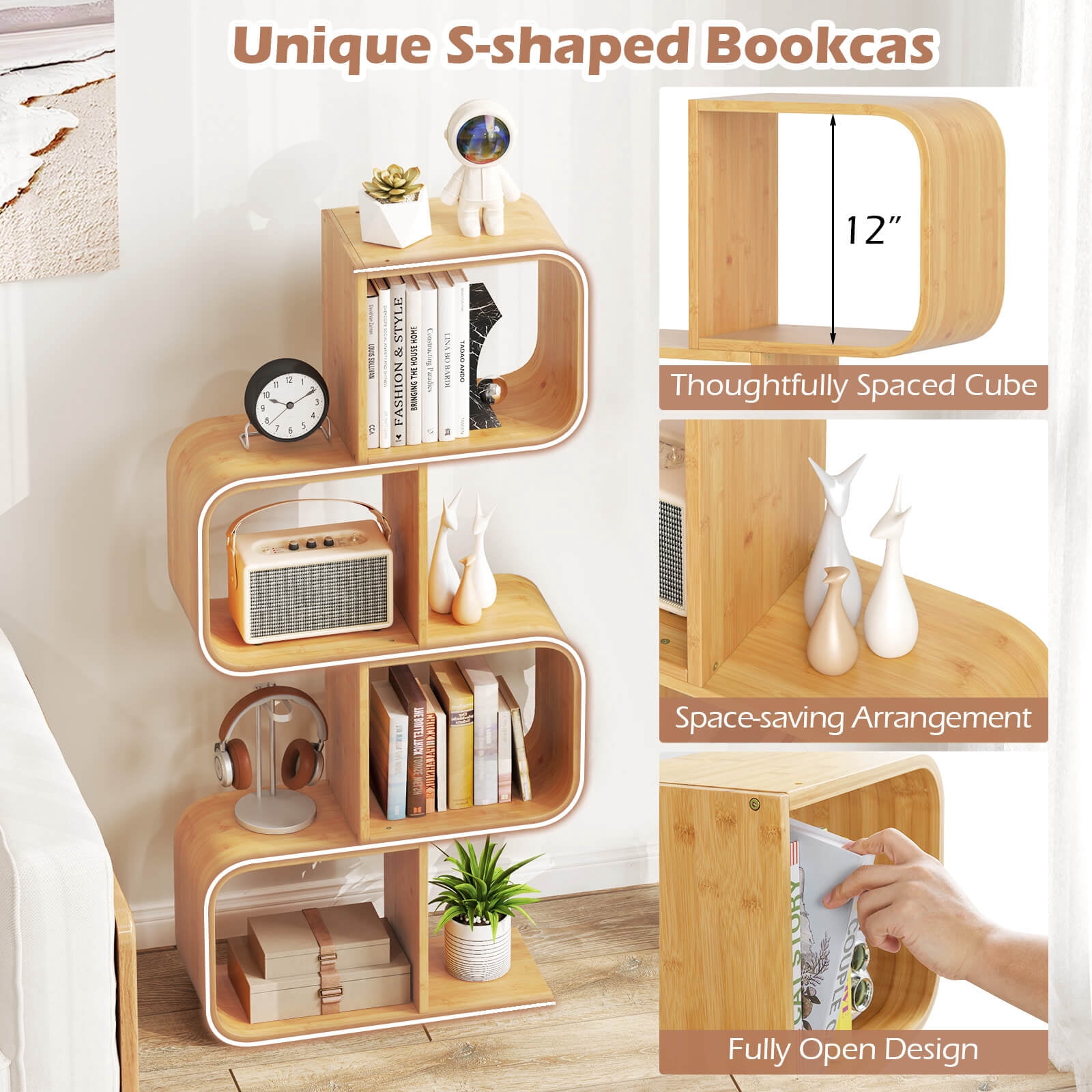 Costway 2 PCS 4-Tier S-Shaped Bookcase with 4 Open Cubes Geometric Corner Display Shelf