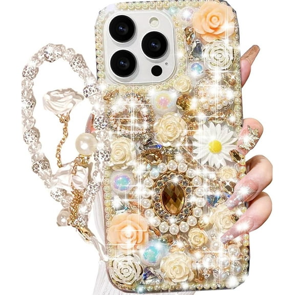for iPhone 16 Pro Max Glitter Bling Case,Cute Luxury 3D Sparkle Queen Crystal Rhinestones Flowers Diamond Pearl Gems with Lanyard Wrist Strap Women Girls Phone Case for iPhone 16 Pro Max,Gold