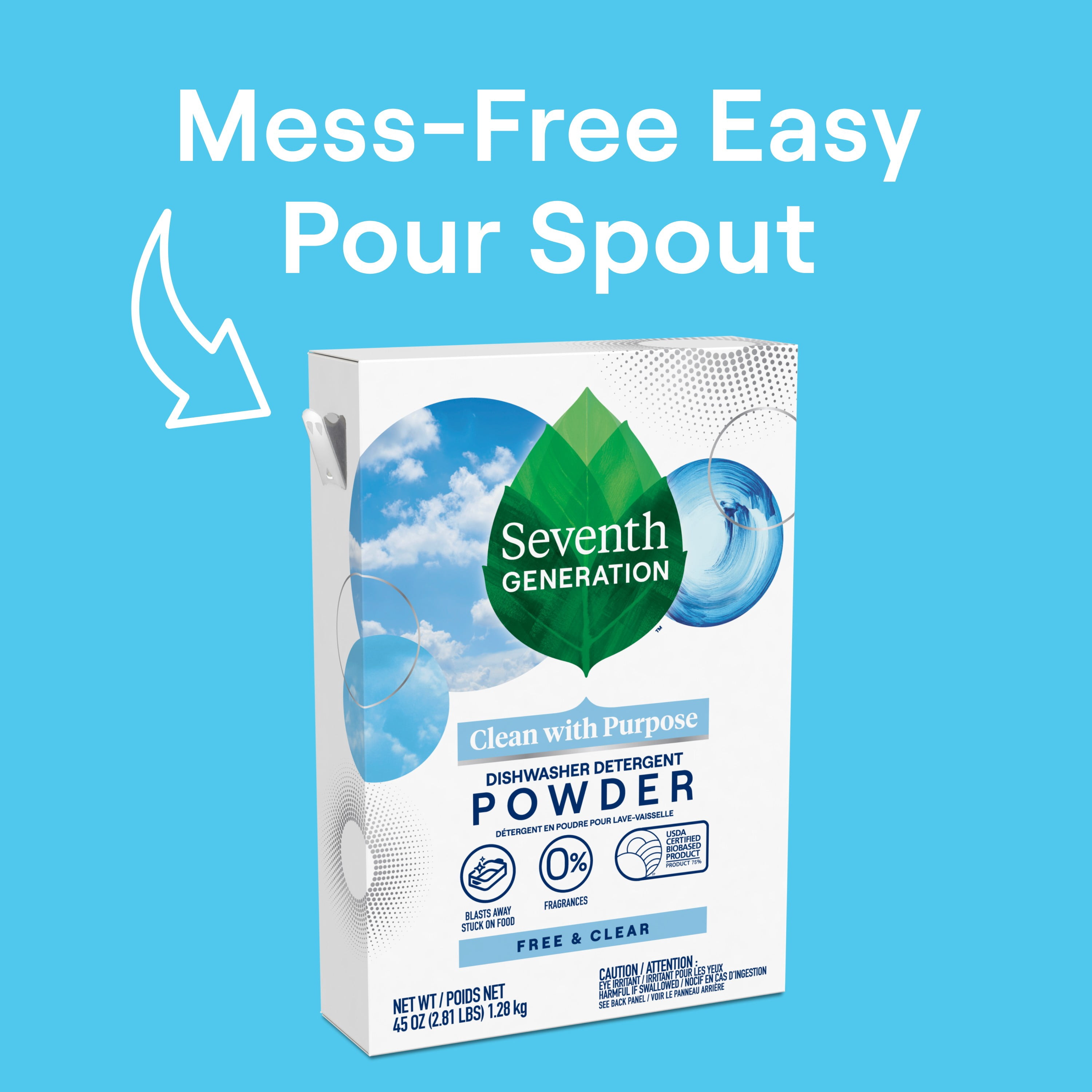 Seventh Generation Dishwasher Detergent Powder, Free & Clear, 45 fl Oz