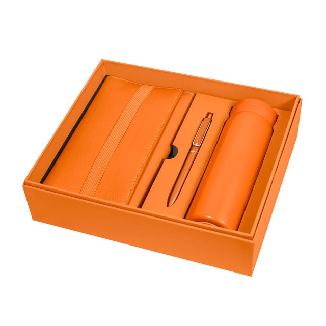 Set promocional con termo, libreta y bolígrafo personalizable naranja 24.4 x 21 x 6.5