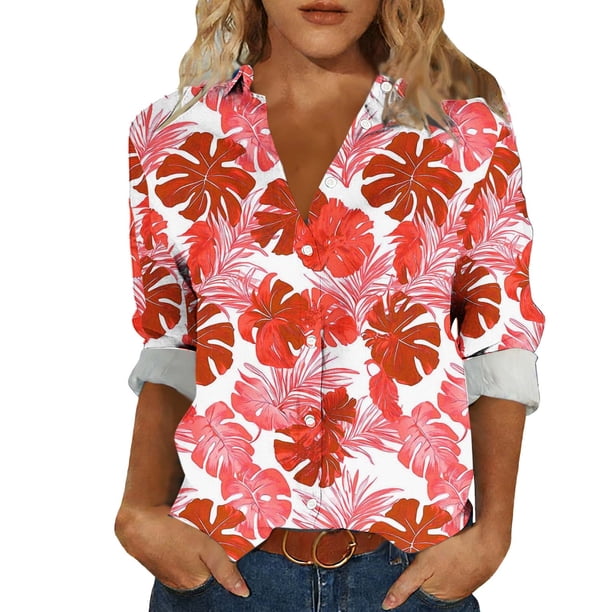 Camisas de cuello de la tripulación de manga corta para las mujeres hawaiana impreso cuello acampanado blusa casual suave verano playa top