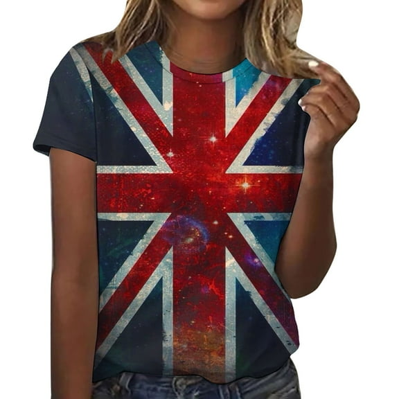 WREESH Womens Graphic Tees Great Britain Uk Flag T-Shirts Casual Vintage Printed Crewneck Short Sleeved Top Shirt Red