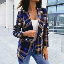jsaierl Women's Casual Check Plaid Slim Fit Lapel Buttons Work Office Blazer Suit Cardigan Jacket Coat Top