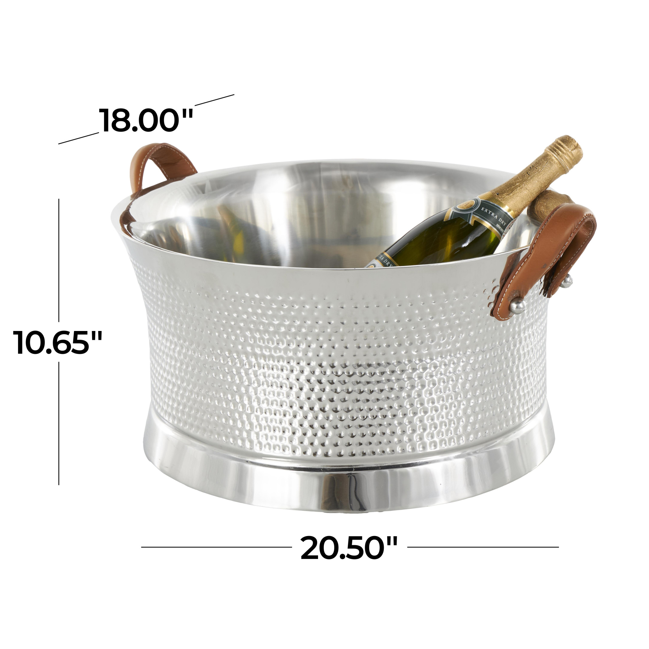 DecMode Round Stainless Steel Metal Hammered Silver Ice Bucket with Brown Leather Handles