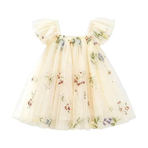 Lullu Girls Floral Embroidery Tulle Dress Ruffle Sleeves Princess Dress, Sizes 3-24 Months