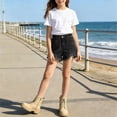 thumbnail image 6 of QIUOMBBP Girl's Frayed Hem Distressed Denim Shorts High Waist Button Shorts with Pockets Casual Trendy Short Pants Black 2-3Years, 6 of 6