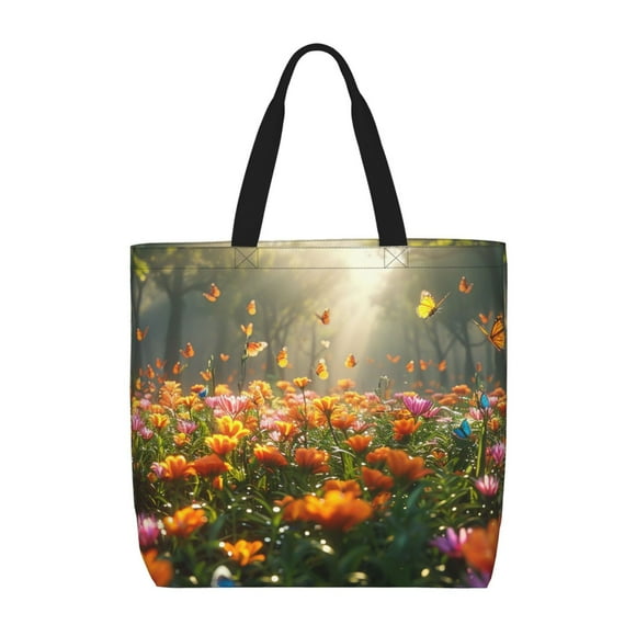 Sikiie Butterflies In Flower Field Print Single Shoulder Bag, Large Capacity Zipper Handbag, Waterproof Shopping Bag, School and Work Shoulder Bag