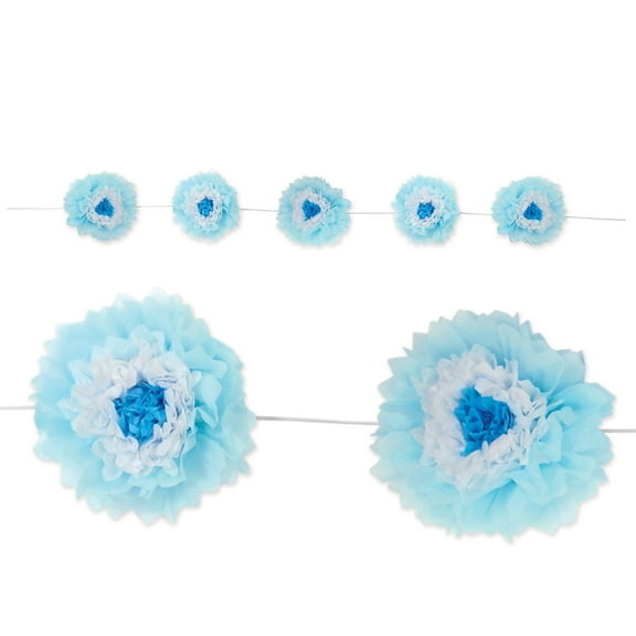 Pack of 6 Ombre Baby Blue and White Pom Pom Tissue Fluff Garland Decors 8'